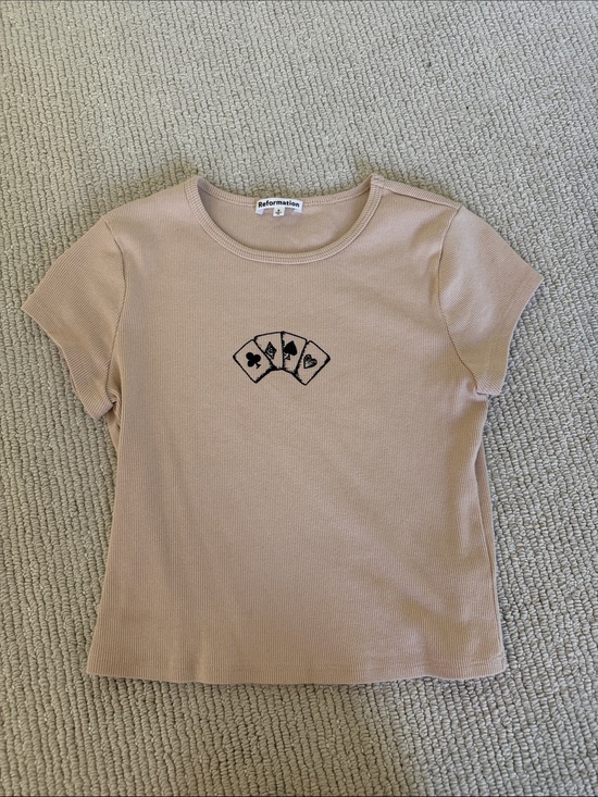 Reformation Tops - Reformation Sand Ribbed Tee with Card Suit Embroidery